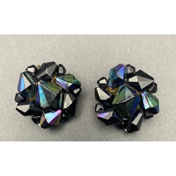 Unbranded Jewelry - Vintage Clip on Earrings Black Glass Oil Slick West German Beads Peacock Retro